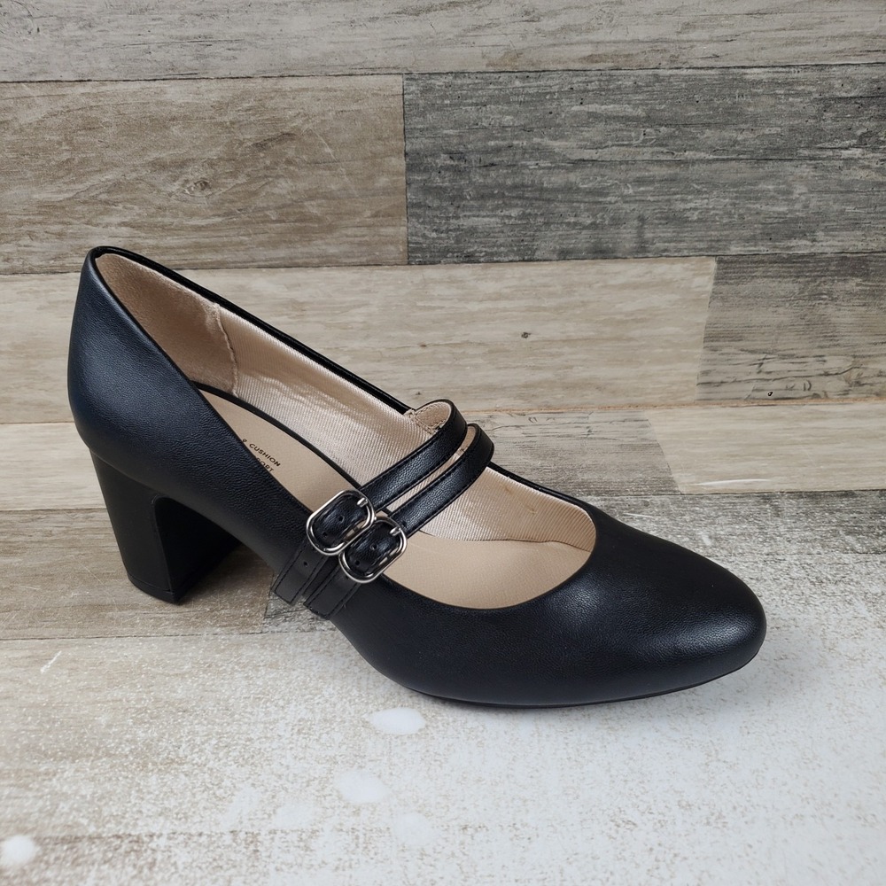 Lifestride True Womens Mary Jane Pump Sz 9 W Black Leather Almond Toe Block Heel